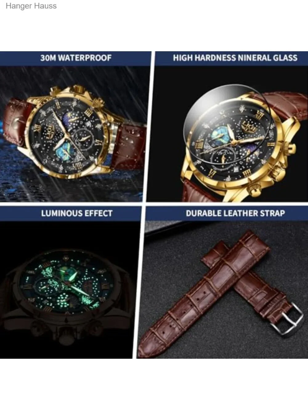 Men's Waterproof Chronograph Quartz Wrist Watch with Genuine Leather Strap Date